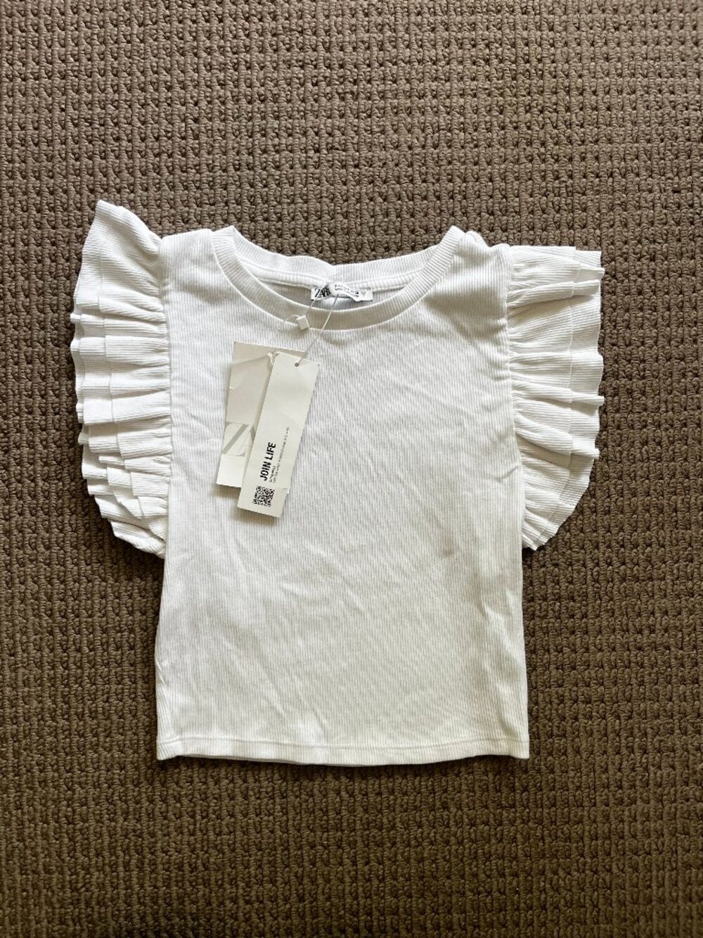 NWT Zara White Ribbed Ruffle Sleeve Crop Top – Size S